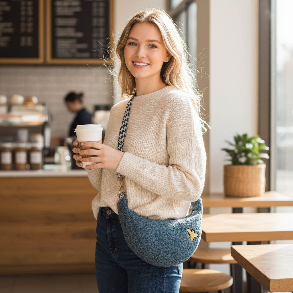 Sac Demi Lune Bouclette Bleu